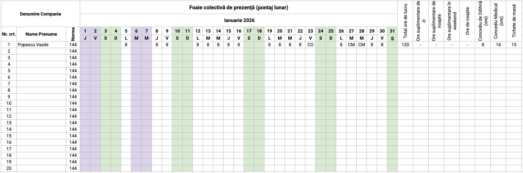 Model editabil de foaie de pontaj lunar