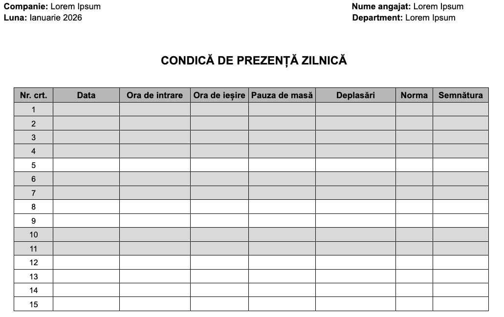 condică de prezență - document word cu un model editabil