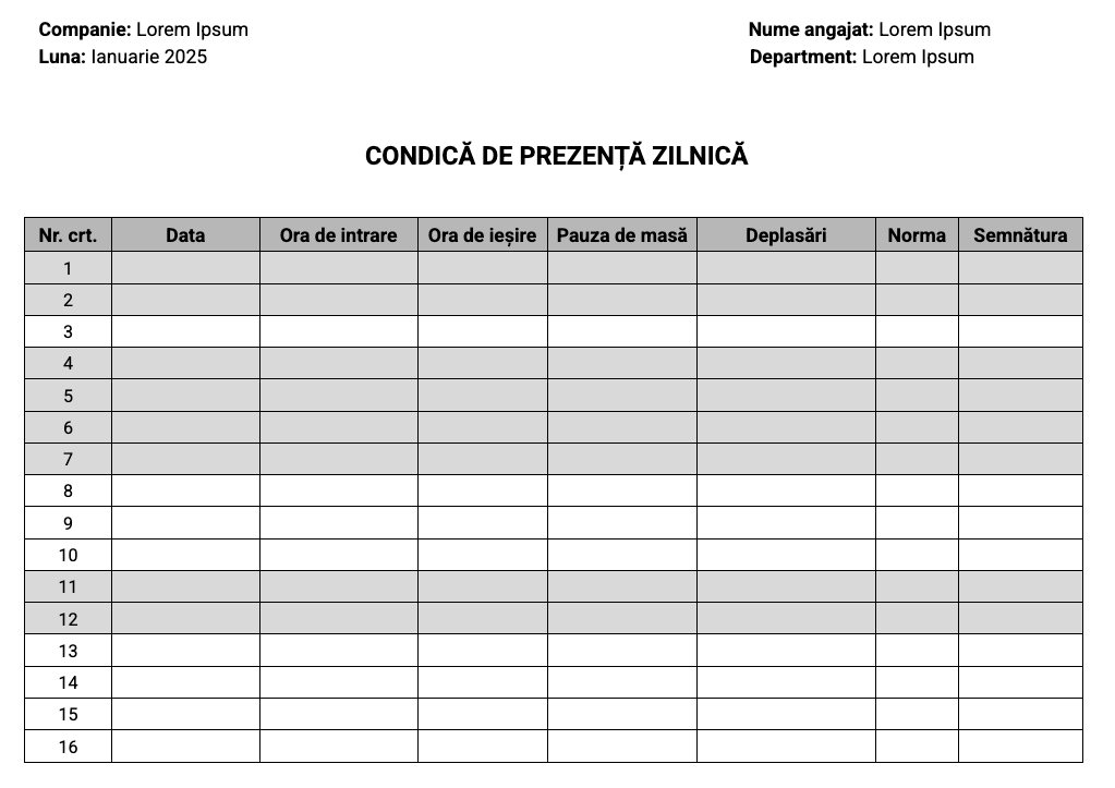 Document Word model condică de prezență zilnică